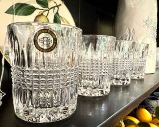 $50/ set of 4. TWO sets avail! Fitz and Floyd Ellington rocks glasses. 4" H.