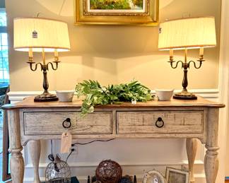 $480. Console / Foyer table by Kincaid. 52 x 19 x 31H. Distressed farmhouse look.