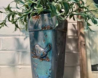$42/each. TWO avail. Blue ceramic, glazed bird vase, 10"H.