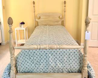 $350/each. TWO avail! Matching, twin beds, vintage painted pineapple finial bed. Includes mattress and boxspring.