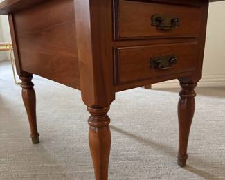 Vintage solid cherry, 2-drawer end table, made by Hardin Furniture Co. in NY, 27" L, 20" W, 22" H.