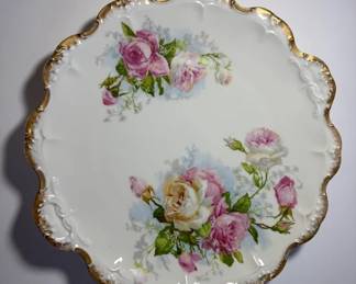 Antique Limoge Plate, Gold Trim, Scalloped, Pink Roses