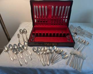 Holmes and Edward Inlaid Silver Plate Silverware, 61 pieces