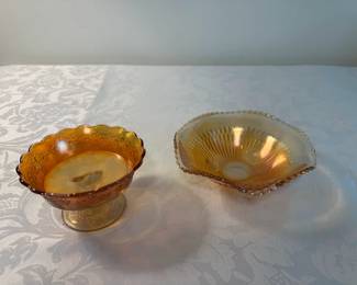 Vintage Carnival Glass: (1)Jeanette Anniversary Marigold Iridescent 3-Footed Bowl and (2) Fenton, Marigold, Orange Tree Pattern Stemmed Candy Dish