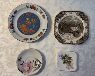 Miscellaneous Vintage China Plates: Vintage Japanese Amari Hand-painted Plate, Hand-painted Japanese Saucer, The Friendly Village Covered Bridge Plate, Royal Adderly Bone China Trinket Tray