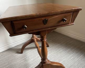 Vintage solid cherry one-drawer end table from Monitor Furniture Co. in NY, Bucks County Provincial, 27" L, 18" W, 24" H.
