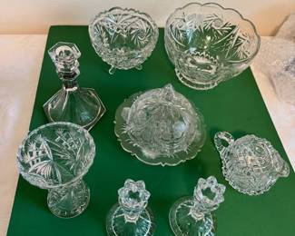 Miscellaneous cut lead crystal: Pinwheel bowls, Mikasa Spring Ritual candle holders, creamer, vase, covered dish