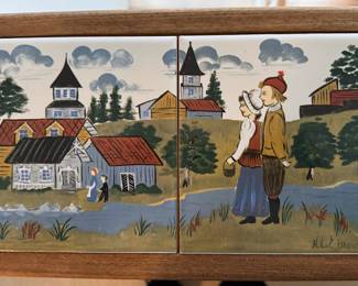Wall art, hand-painted tiles, Norway Folk Art, Helen E. Blanck, signed by artist
