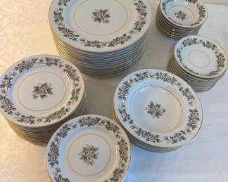 Noritake China, "Laurette," (1950 - 1957), 12 dinner plates, 10 salad plates, 4 soup bowls, 7 small bowls, 11 dessert plates
