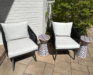 Pair of outside chairs $200 Pair of Blue and White outside Tables $80