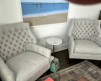 Grey Tufted Chairs, Pair by Wesley Hall, Hickory NC 32 W x 32 D x 29 BH $2000