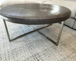 Room & Board "Sidney" Tufted Grey Leather Ottoman w/ Chrome Base 36 dia x 16 H (has wear) $300