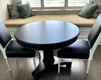 Highland House Black Leather/White Accent Chairs, Pair $2000 Dark Wood Game Table 41 dia $600