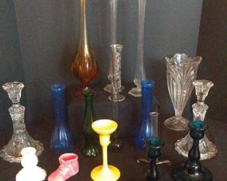 Assorted vintage vases and candlesticks