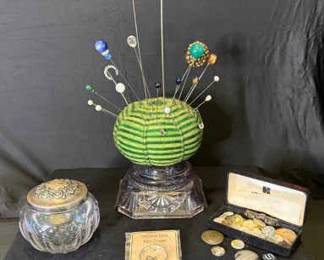 Antique sewing pin cushion, velvet box of buttons, sterling silver glass top vanity powder jar