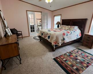 All for sale-Zapotec rug, Queen bed, bedding, end tables, small dresser