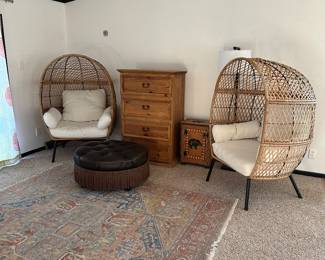 Leather ottoman, eggs chairs, area rug with pad,curtains -everything but large dresser is for sale
