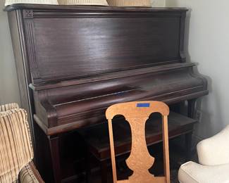 Piano with stool, rocker and lampshades