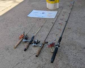 Vintage Fishing Gear-Rods/Reels, Lake Topography guide, live bait caddy