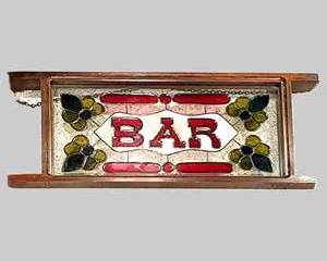 Vintage Stained Glass Bar Sign in Wooden Frame and Hanging Hardware