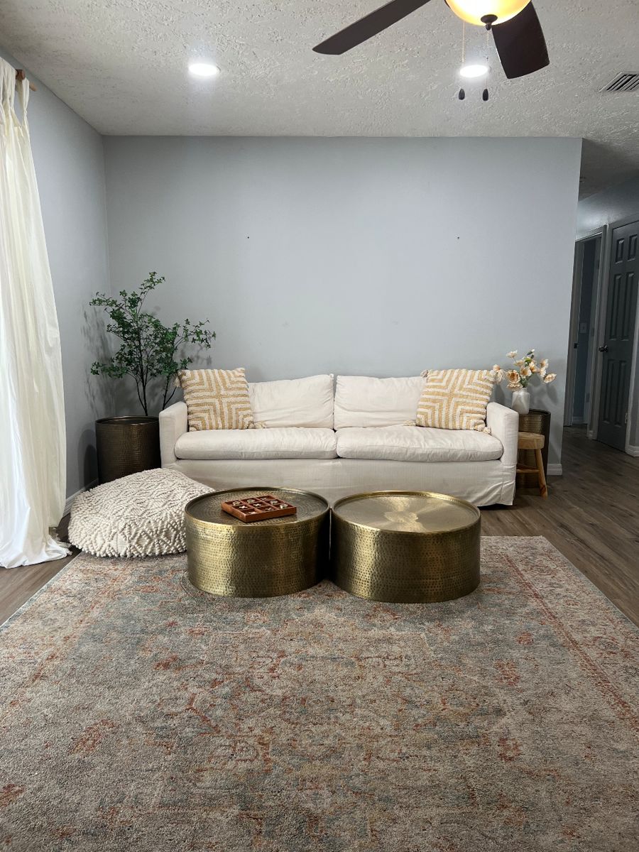 Living room sofa, end tables, coffee tables, rug