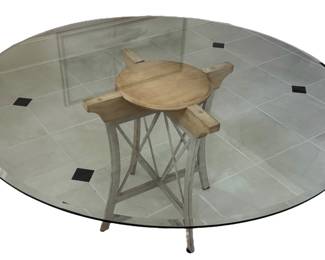 Wood Iron Base Tempered Glass Top Table