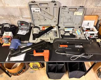 Workshop (Power tools, batteries, shop vacs, supplies for woodworking, painting, sanding, soldering, tool storage, lots and lots of hardware, and much more).