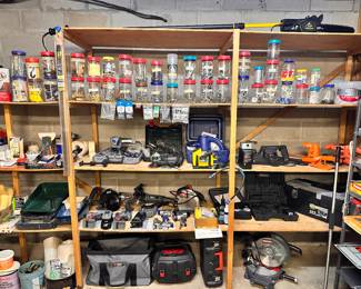 Workshop (Power tools, batteries, shop vacs, supplies for woodworking, painting, sanding, soldering, tool storage, lots and lots of hardware, and much more).