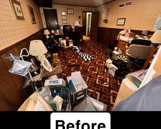 The before photo of the Patriot Room (which consists of lots of fishing supplies, such as lures/bobbers/rods/nets/tackle boxes, army memorabilia, such as patches, flags, medals, and survival gear, board games, and more hobbyist allure).