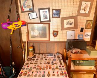 The Patriot Room: Lots of fishing supplies (such as lures/bobbers/rods/nets/tackle boxes), army memorabilia (patches, flags, medals, survival gear), board games, and more hobbyist allure.