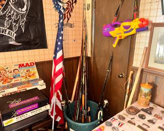 The Patriot Room: Lots of fishing supplies (such as lures/bobbers/rods/nets/tackle boxes), army memorabilia (patches, flags, medals, survival gear), board games, and more hobbyist allure.