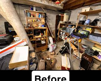 The Before photo of the Workshop (Which consists of Power tools, batteries, shop vacs, supplies for woodworking, painting, sanding, soldering, tool storage, lots and lots of hardware, and much more).