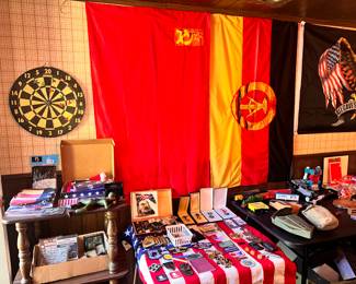 The Patriot Room: Lots of fishing supplies (such as lures/bobbers/rods/nets/tackle boxes), army memorabilia (patches, flags, medals, survival gear), board games, and more hobbyist allure.
