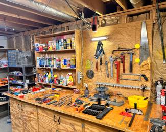 Workshop (Power tools, batteries, shop vacs, supplies for woodworking, painting, sanding, soldering, tool storage, lots and lots of hardware, and much more).