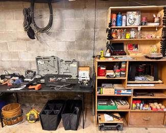 Workshop (Power tools, batteries, shop vacs, supplies for woodworking, painting, sanding, soldering, tool storage, lots and lots of hardware, and much more).
