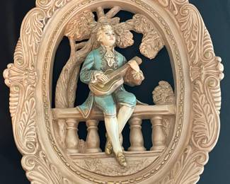 Vintage Jayess United Chalkware Wall Plaque of a Victorian Man Playing a Guitar