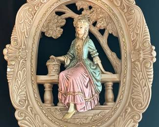 Vintage Jayess United Chalkware Wall Plaque of a Victorian Woman Sitting on a Bench