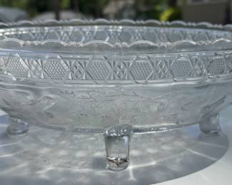Antique birds&strawberries Indiana footed glass bowl