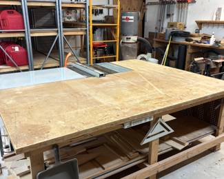Work table w storage and electric $500.00
Buy w Delta contractor saw both for $1,900.00
97”w 77”d , 74”w 49”d , 23”w 27”d