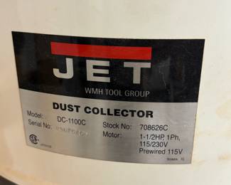 JET 1.5 HP Dust Dog dust collector with tubing on castors. $500.00