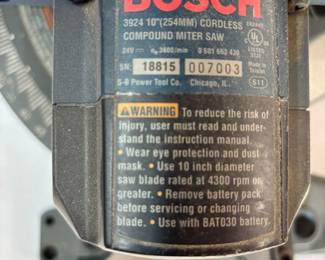 Bosch 10” cordless Chop Saw, charger, battery, xtra blade. $320.00