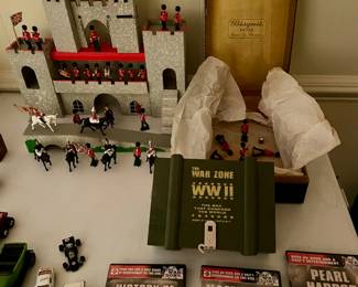 Vintage toy soldiers with castle, WW2 DVD collection, car collection