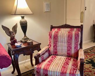 Pair of Empire upholstered chairs, pair of wood side tables, lamps, decor