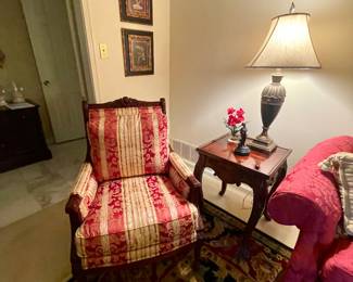 Framed art, 2nd pic of Empire upholstered chairs and wood side table with pair of lamps