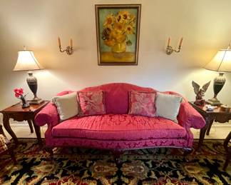 Camel back sofa, Framed Vincent Van Gough reproduction, pair of sconces