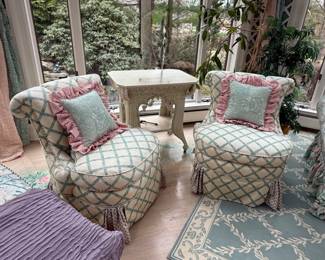More garden room lattice upholstered slipper chairs