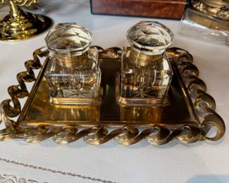 Glass & brass inkwell