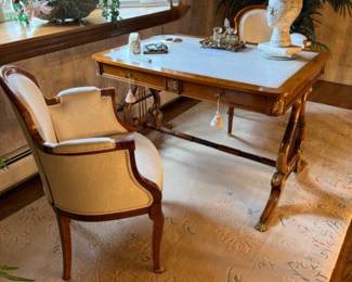 Regency style desk with lyre detail, brass mounts and pair Bergere chairs