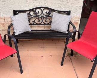 Metal Garden Bench, Red Stacking Chairs