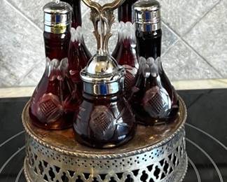 Antique Cranberry Glass Castor Set Mermod Jaccard Co